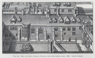 En del av Corpus Christi College, fra nord, ca 1688, etter Loggan (gravering) av English School