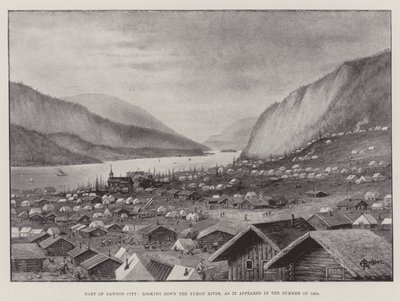 En del av Dawson City, ser nedover Yukon-elven, slik den så ut sommeren 1898 (litho) av English School
