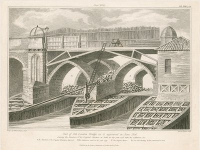 En del av Old London Bridge slik den så ut i juni 1826 av English School
