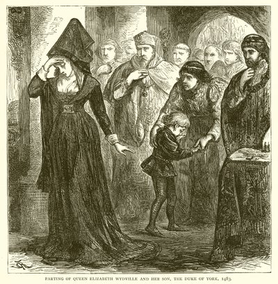 Avskjed med dronning Elizabeth Wydville og hennes sønn, hertugen av York, 1483 av English School