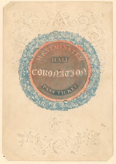 Passbillett til The Grand Coronation Banquet of King George IV i Westminster Hall, 17. juli 1821 av English School