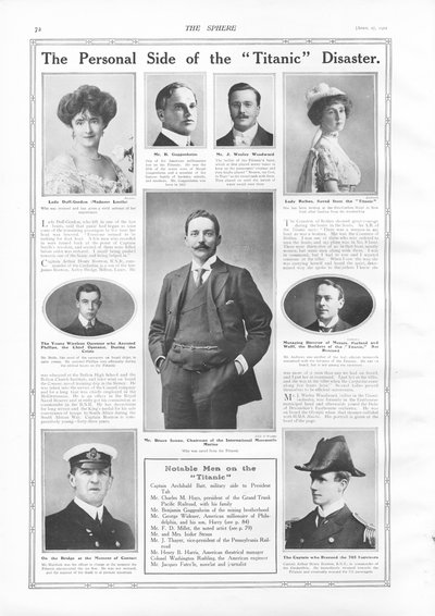 Passasjerer på RMS Titanic, fotografier og informasjon om bemerkelsesverdige personer knyttet til Titanic, fra The Sphere, 27. april 1912 av English School