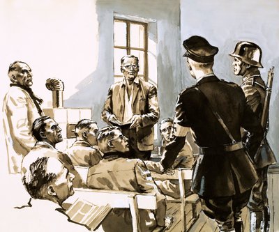 Pastor Dietrich Bonhoeffer uttaler seg mot Hitlers naziparti (gouache på papir) av English School