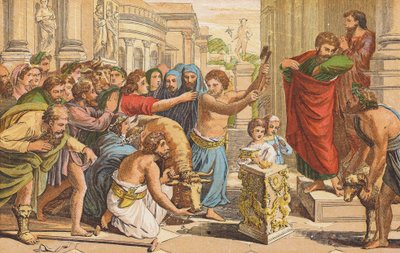 Paul og Barnabas i Lystra (farge litho) av English School