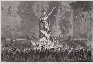 Fredsfeiring foran statuen av Germania på markedsplassen i Leipzig, Tyskland, om kvelden 5. mars 1870 (gravering) av English School