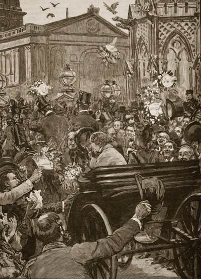 «Fred med ære», mottakelse av Lord Beaconsfield og Lord Salisbury ved Charing Cross, illustrasjon fra «Cassells Illustrated History of England» (gravering) (sepiafoto) av English School