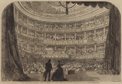 Opptreden foran Hennes Majestet i Theatre of the Palace of St Cloud (gravering) av English School