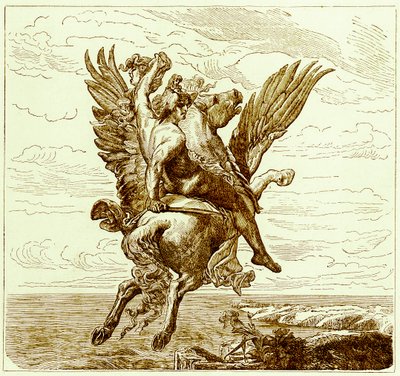 Perseus på den bevingede hesten Pegasus, med Medusas-hode, illustrasjon fra The Illustrated History of the World, publisert ca. 1880 (digitalt forbedret bilde) av English School