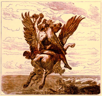 Perseus på den bevingede hesten Pegasus, med Medusas-hode, illustrasjon fra The Illustrated History of the World, publisert ca. 1880 (digitalt forbedret bilde) av English School