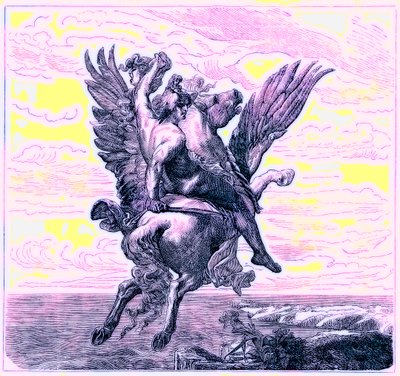 Perseus på den bevingede hesten Pegasus, med Medusas-hode, illustrasjon fra The Illustrated History of the World, publisert ca. 1880 (digitalt forbedret bilde) av English School