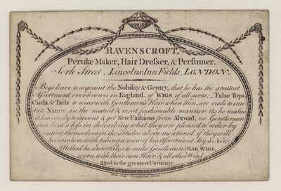 Peruke-maker, Ravenscroft, handelskort av English School