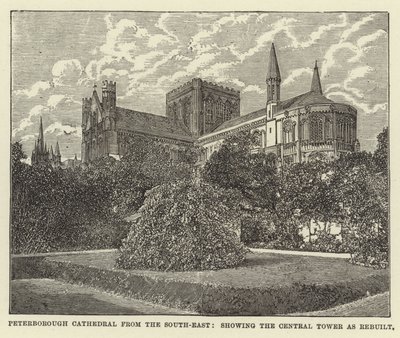 Peterborough-katedralen fra Sør-Øst, som viser Central Tower som gjenoppbygd av English School