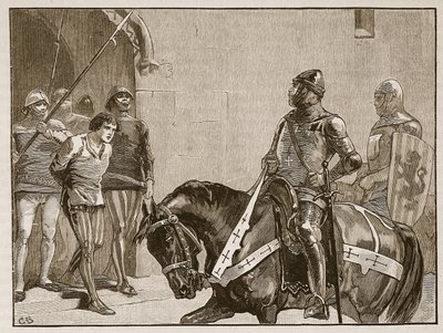 Piers Gaveston før jarlen av Warwick, illustrasjon fra Cassells Illustrated History of England (sepiafoto) av English School