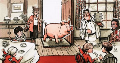Gris på vei inn i en restaurant av English School