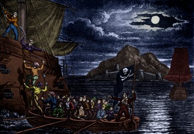 Pirater går om bord på et spansk fartøy, Vestindia, illustrasjon fra #39;The History and Lives of the Most Notorious Pirates#39; av English School
