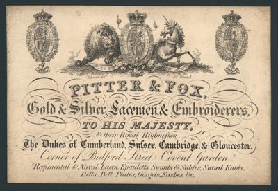Pitter and Fox, Gold and Silver Laceman and Embroiderers, Bedford Street, Covent Garden, handelskort av English School