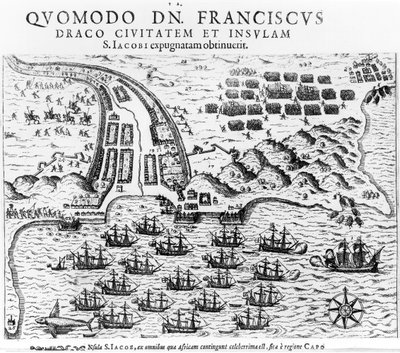 Plan som viser hvordan Francis Drake (ca. 1540-96) stormet og holdt øya San Jacob av English School