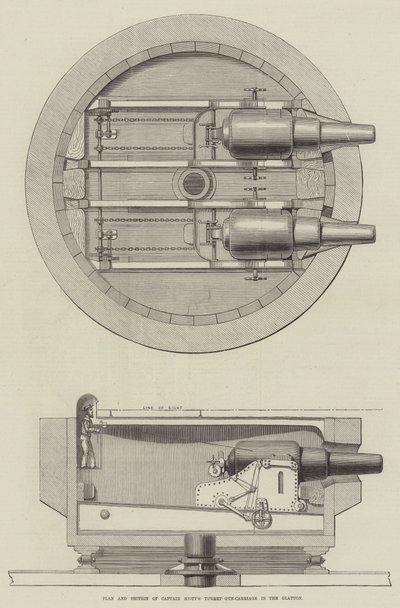 Plan og seksjon av kaptein Scotts turret pistolvogn i Glatton (gravering) av English School