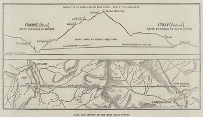 Plan og seksjon av Mont Cenis-tunnelen (gravering) av English School