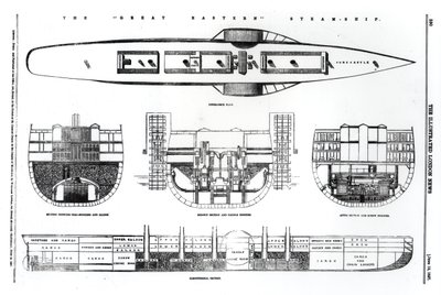 Plan og tverrsnitt av Great Eastern dampskipet, 1857 av English School
