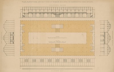 Plan, forhøyninger og deler av museumsbygningen på Kensington Gore Estate av English School