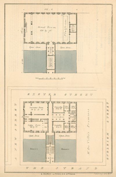 Plan for bygninger på tidspunktet for en foreslått utvidelse av The Strand i nærheten av Exeter Change av English School