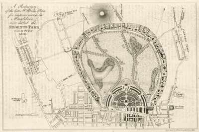 Plan for forbedringer i Marylebone, London, nå kalt Regents Park, laget i år 1809 av English School
