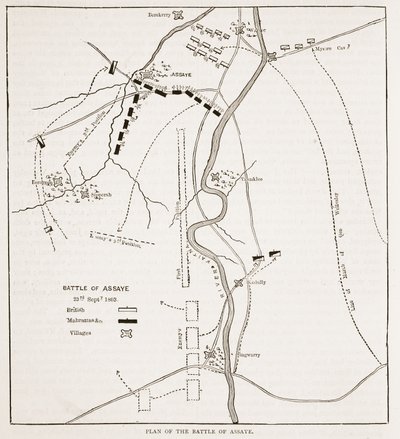 Plan for slaget ved Assaye, illustrasjon fra Cassells Illustrated History of India av James Grant, pub. 1879 av English School
