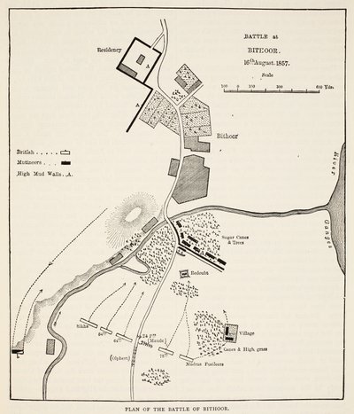 Plan for slaget ved Bithoor, 16. august 1857, fra Cassells Illustrated History of England av English School