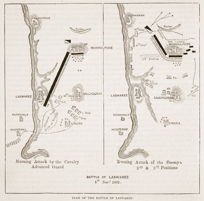 Plan of the Battle of Laswaree, illustrasjon fra Cassells Illustrated History of India av James Grant, pub. 1879 av English School