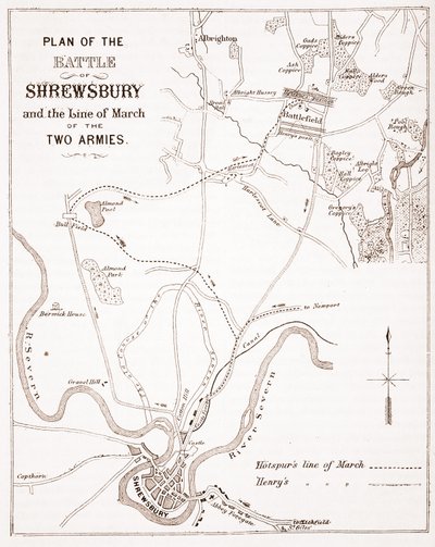 Plan for slaget ved Shrewsbury og linjen for mars av de to hærene av English School