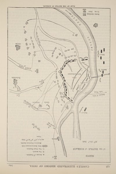 Plan for slaget ved Sobraon, 10. februar 1846, illustrasjon fra Cassells Illustrated History of England av English School