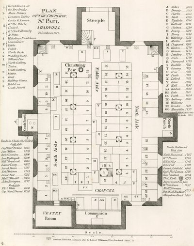 Plan for Church of St Pauls, Shadwell, London, tatt ned i 1817 av English School