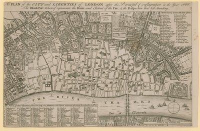 Plan for City and Liberties of London etter den fryktelige brannen i år 1666 av English School