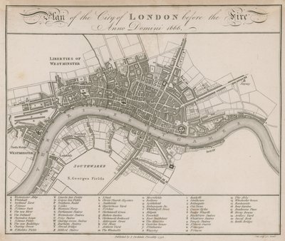 Plan for City of London før brannen i 1666 av English School