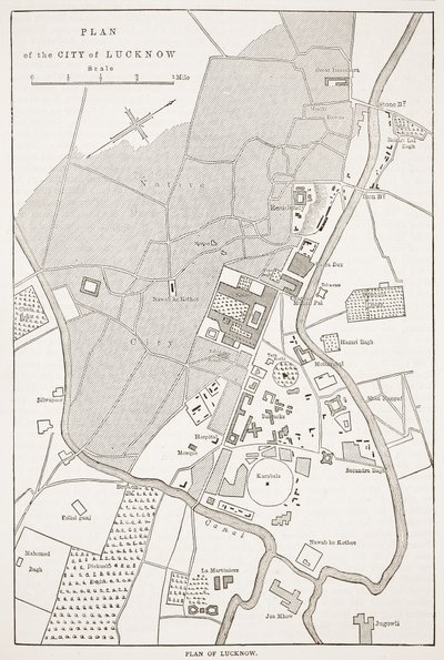 Plan for byen Lucknow, fra Cassells Illustrated History of England av English School