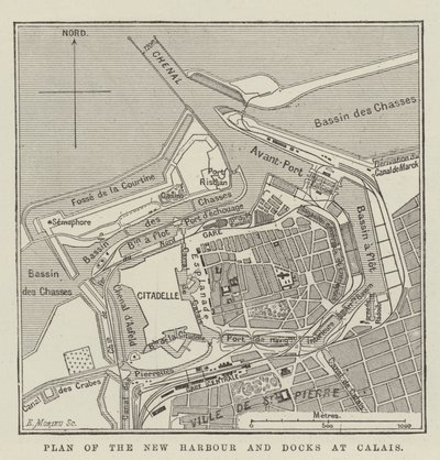 Plan over den nye havnen og havnene i Calais (gravering) av English School