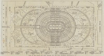 Plan over palasset og parken designet for verdensutstillingen i Paris i 1867 (gravering) av English School