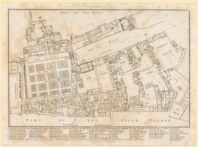 Plan for Palace of Whitehall, tatt under Charles IIs regjeringstid, 1680 av English School