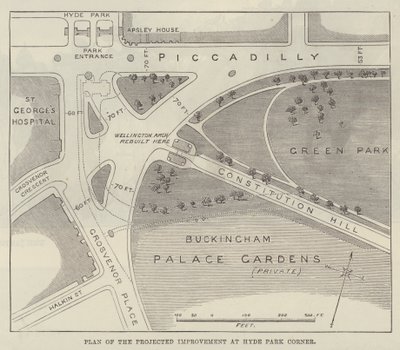 Plan for den anslåtte forbedringen ved Hyde Park Corner (gravering) av English School