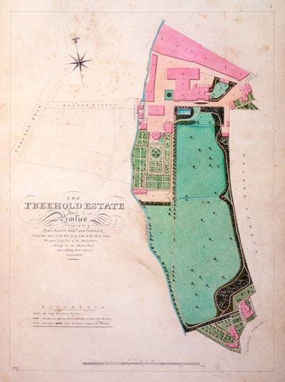 Plan over Stag Brewhouse Premises and Estate, originalt manuskript fra kontoret til George Saunders, ca. 1807 (blyant, wc og penn og blekk på papir) av English School