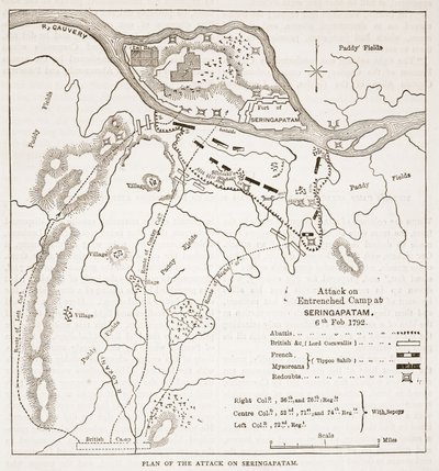 Plan for angrepet på Seringapatam, illustrasjon fra Cassells Illustrated History of India av James Grant, pub. 1879 av English School
