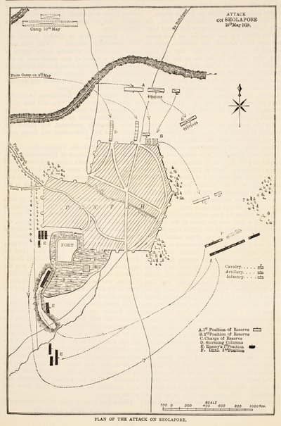 Plan for angrepet på Sholapore, illustrasjon fra Cassells Illustrated History of India av James Grant, pub. 1879 av English School