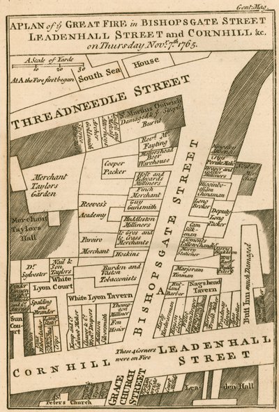 Plan for brannen i Bishopsgate Street, Cornhill og Leadenhall Street, London, som begynte 7. november 1765 av English School