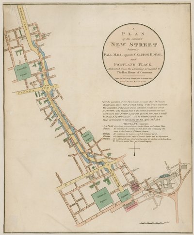 Plan for den tiltenkte nye gaten (Regent Street) mellom Pall Mall og Portland Place av English School
