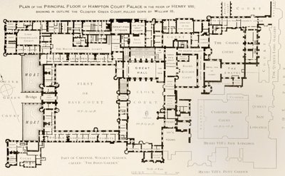 Plan over hovedetasjen til Hampton Court Palace slik det var under kong Henry VIIIs regjeringstid, fra History of Hampton Court Palace i Tudor Times av Ernest Law, publisert London 1885 av English School