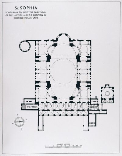 Planlegg å vise orienteringen til narthexen og beskrevne mosaikkenheter, fra The Mosaics of Haghia Sophia at Istambul av Thomas Whittemore av English School