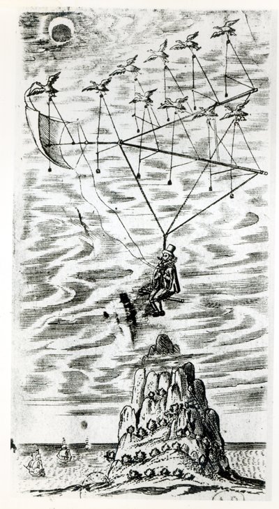 Fly, illustrasjon fra fronten av The man in the moone eller en diskurs om en reise dit av Domingo Gonsales, the speedy Messenger av Francis Godwin (1562-1633), publisert posthumt i av English School