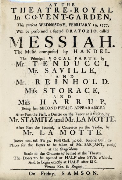 Playbill som annonserer en fremførelse av Händels oratorium, 