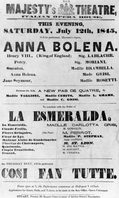 Playbill for Her Majesty's Theatre, Italian Opera House, 1845 (trykt papir) av English School